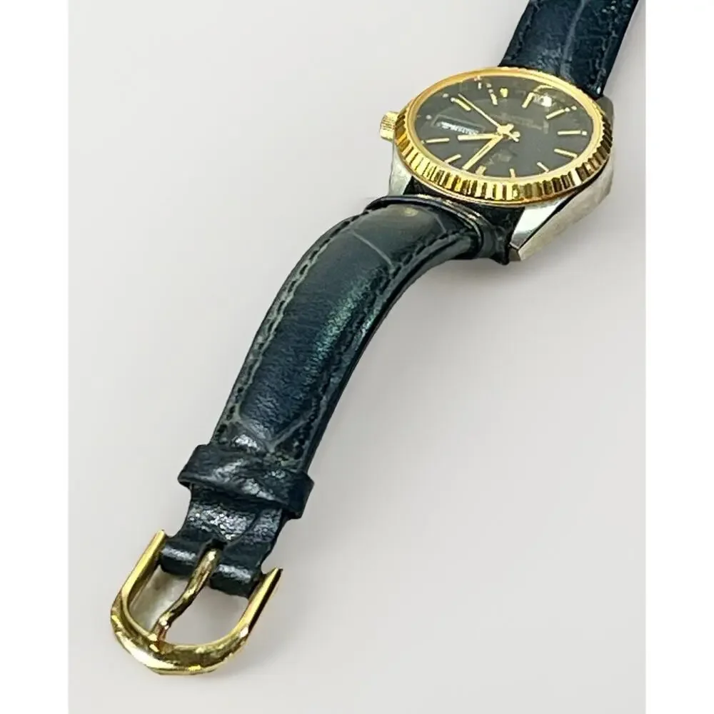 Elgin Quartz Watch Black Dial Day Date Gold Bezel Leather Strap ES173012 Works